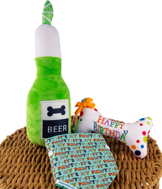 dog birthday bundle with toys and bandana