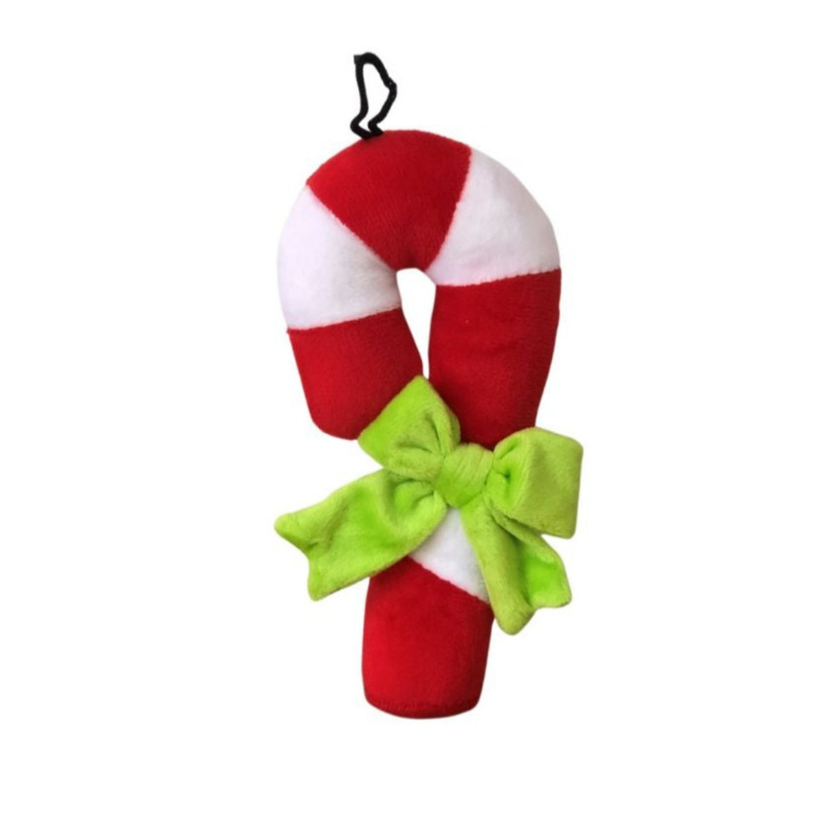 A plush dog toy designed to resemble a candy cane, with a predominantly white base and a red and green striped pattern, complete with a green bow.