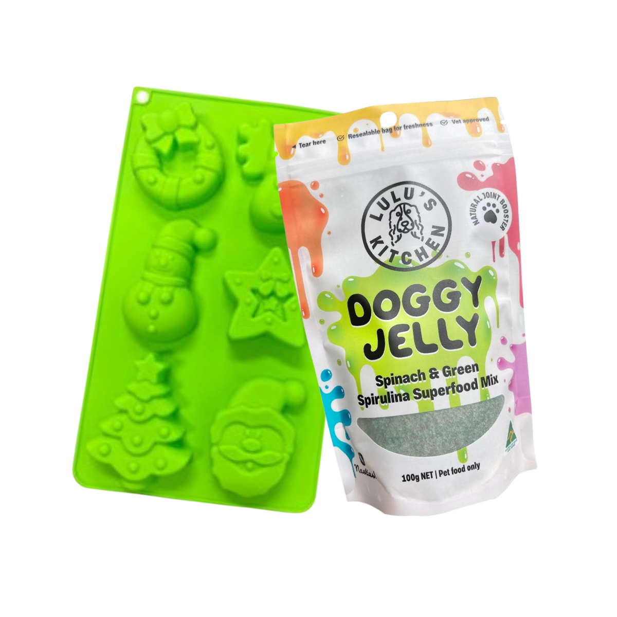 Green silicone mold and Lulu's Kitchen Doggy Jelly package together with a green Christmas theme Mould