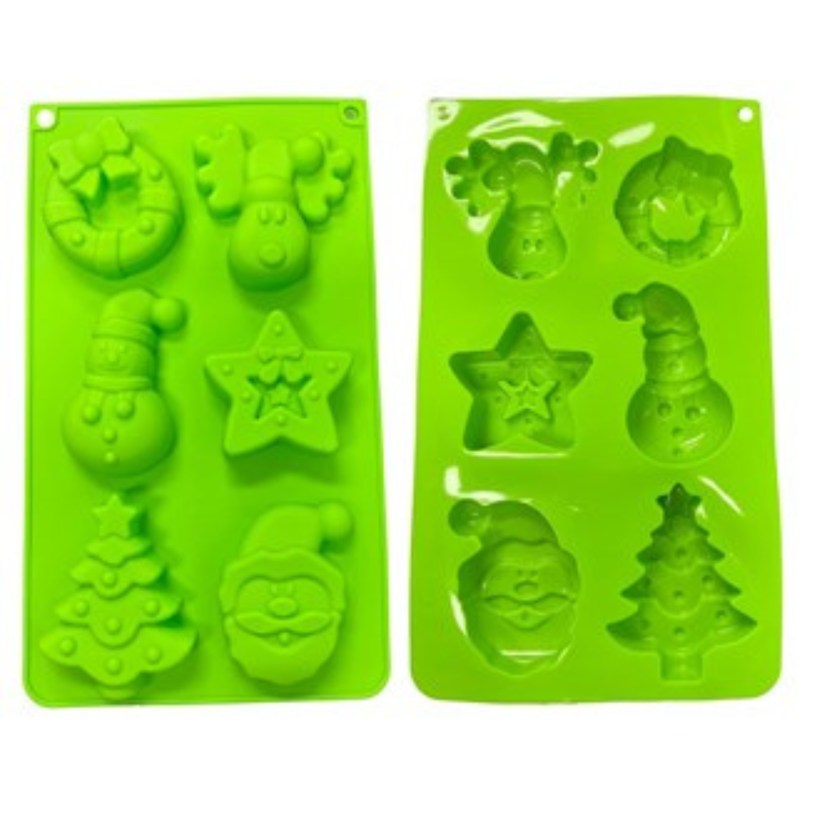 Two green silicone molds with Christmas-themed shapes
