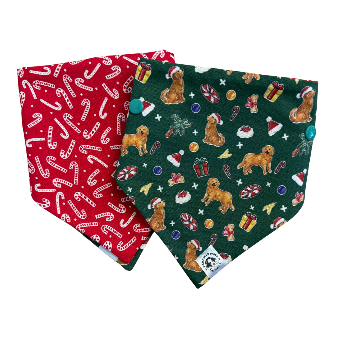 Reversible dog bandana, one red with candy cane pattern and the reversed side green with Christmas-themed design featuring Golden Retrievers and presents.
