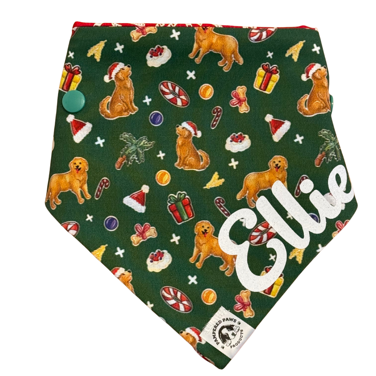 Personalised Green dog bandana with Golden Retriever inspired Christmas-themed pattern - with dog name in white glitter writing