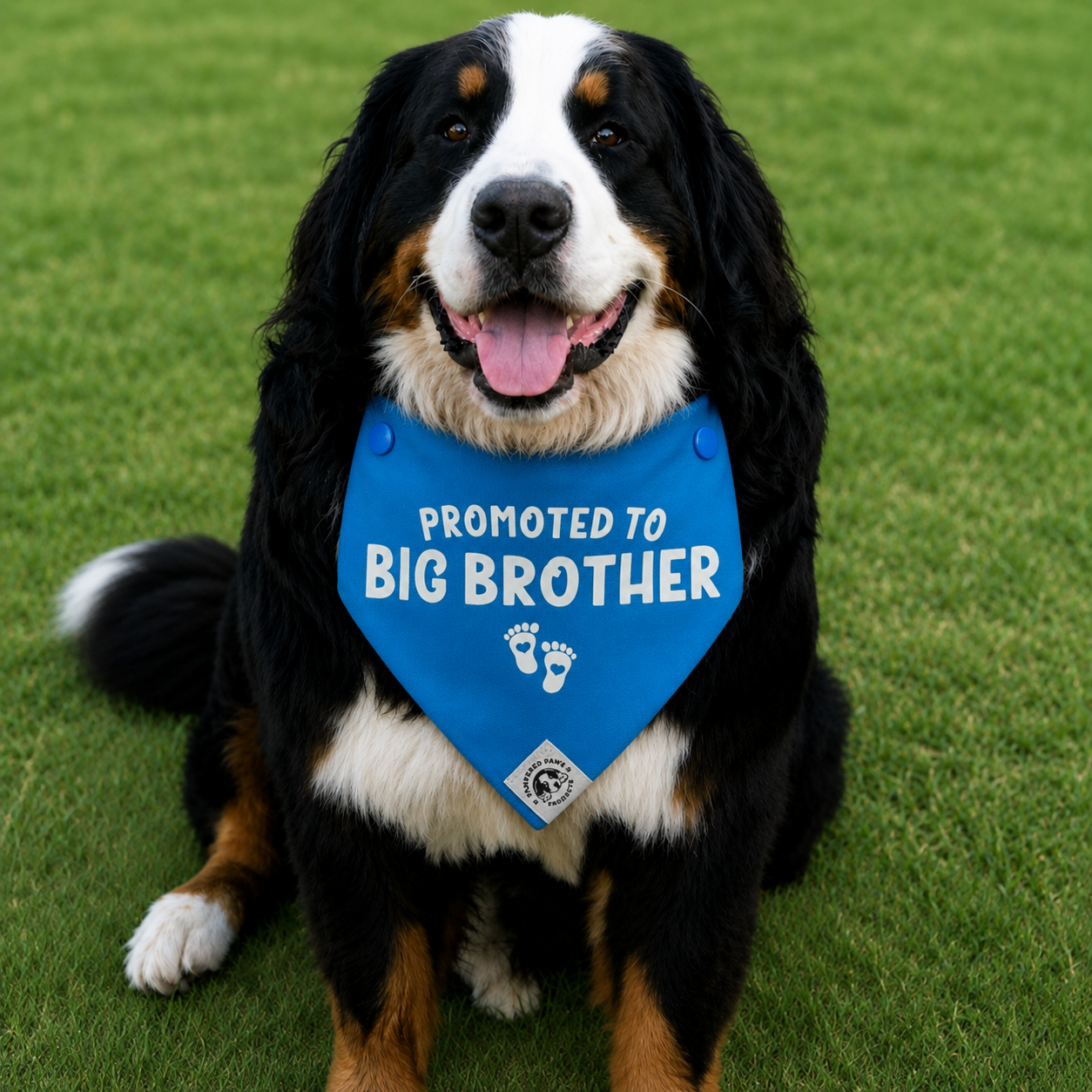 A happy Bernese Mountain Dog sitting on green grass wearing a bright blue bandana that says “PROMOTED TO BIG BROTHER” in bold white letters with small baby footprints underneath.