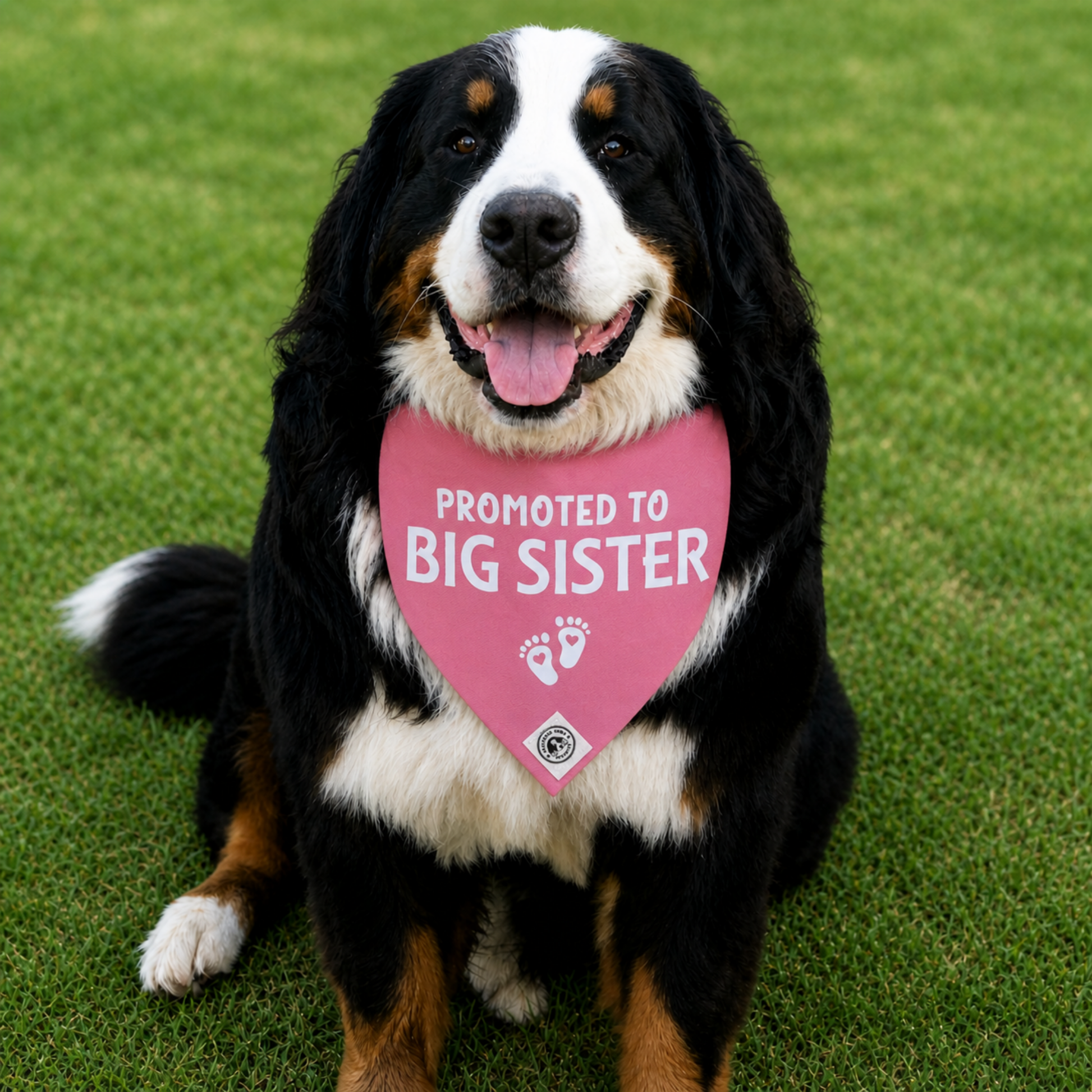 Bernese Mountain Dog wearing a pink promoted to Big Sister with baby feet dog bandana for pregnancy annoucement