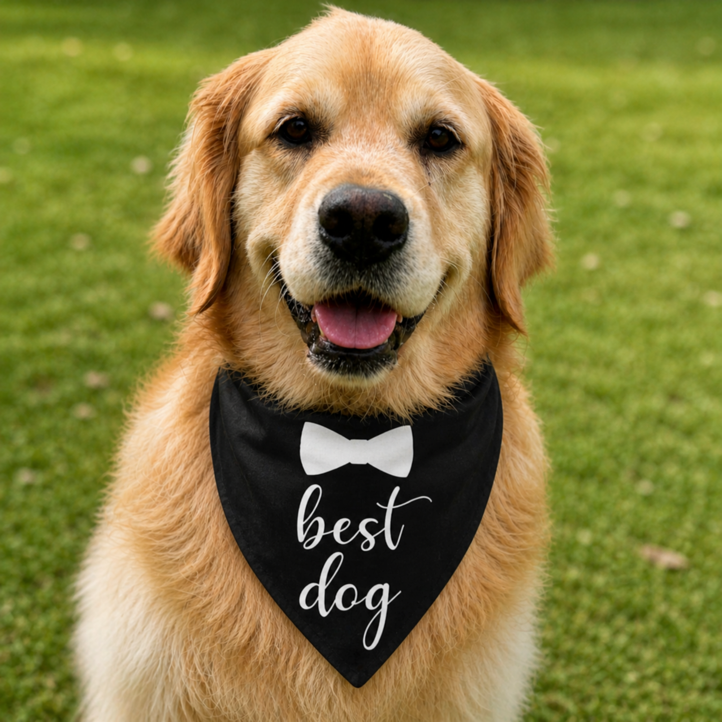 Golden retriever wearing a black “best dog” bow tie dog bandana sitting on grass, stylish dog bandana for pets in Australia