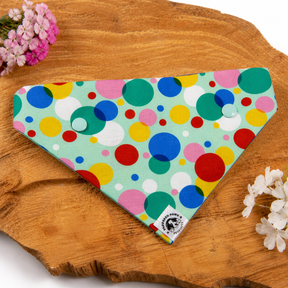 Colourful polka dot dog bandana with green background and multicolour spots, handmade dog bandana on wooden surface