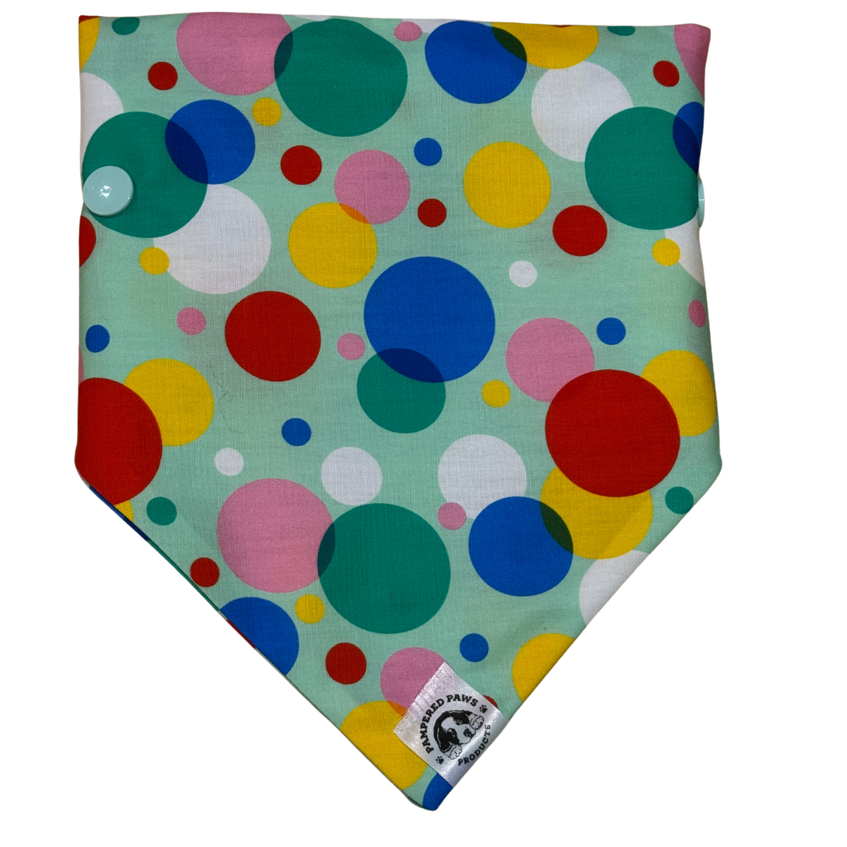 Colourful personalised dog bandana with bright confetti polka dot pattern product image