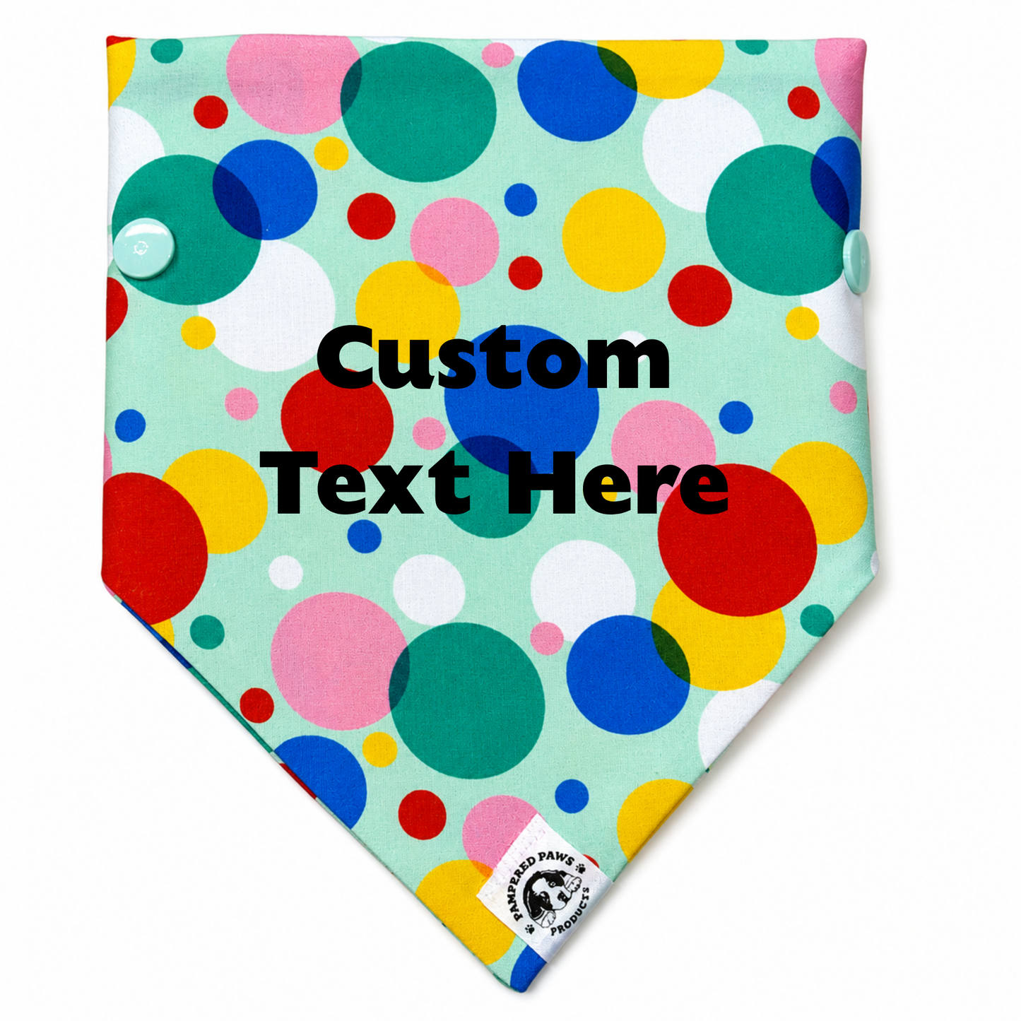 Custom dog bandana with personalised text option, colourful polka dot dog bandana with name or message