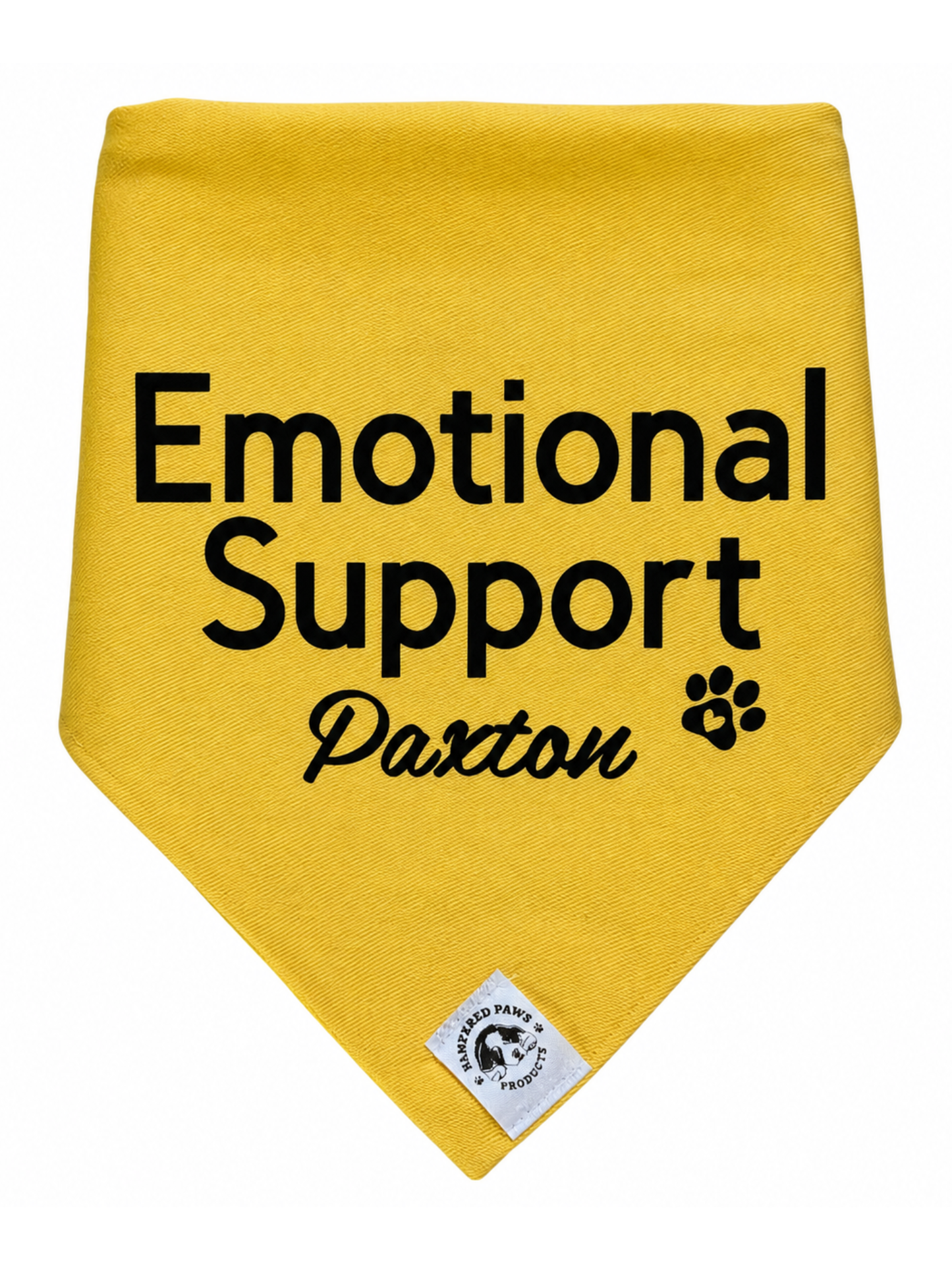 Yellow dog bandana with black text reading 'Emotional Support Paxton' and a paw print