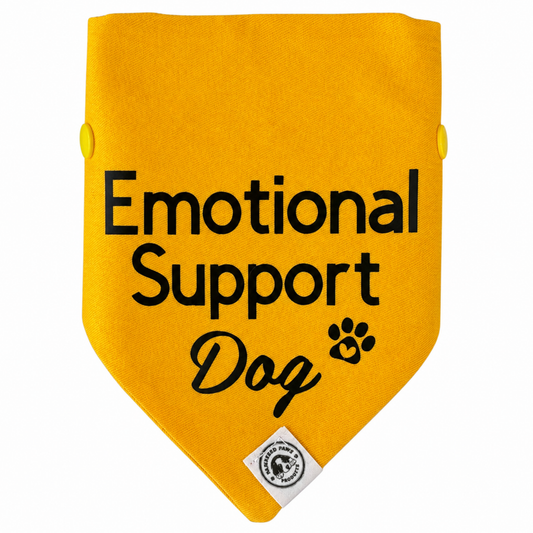 Yellow emotional support dog bandana with black text, dog accessory for therapy and support dogs Australia