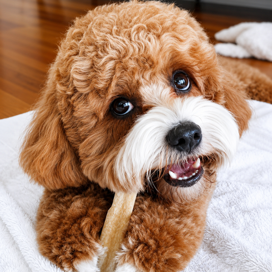 Cavoodle chewing Himalayan dog chew indoors on white blanket