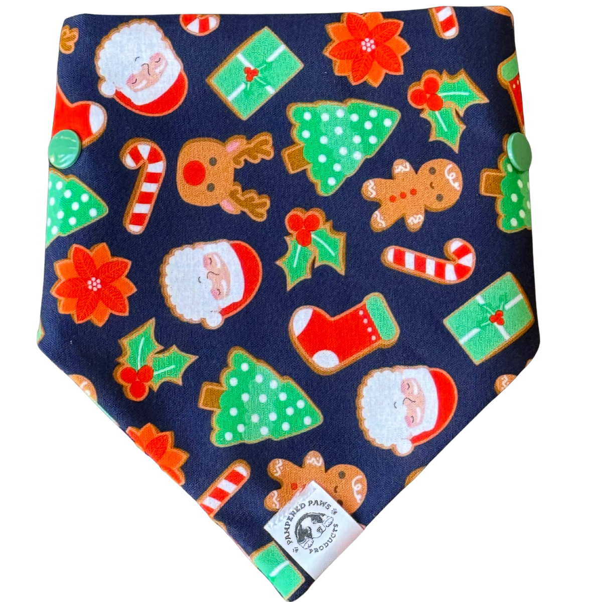 Navy blue bandana with Christmas-themed designs on a white background
