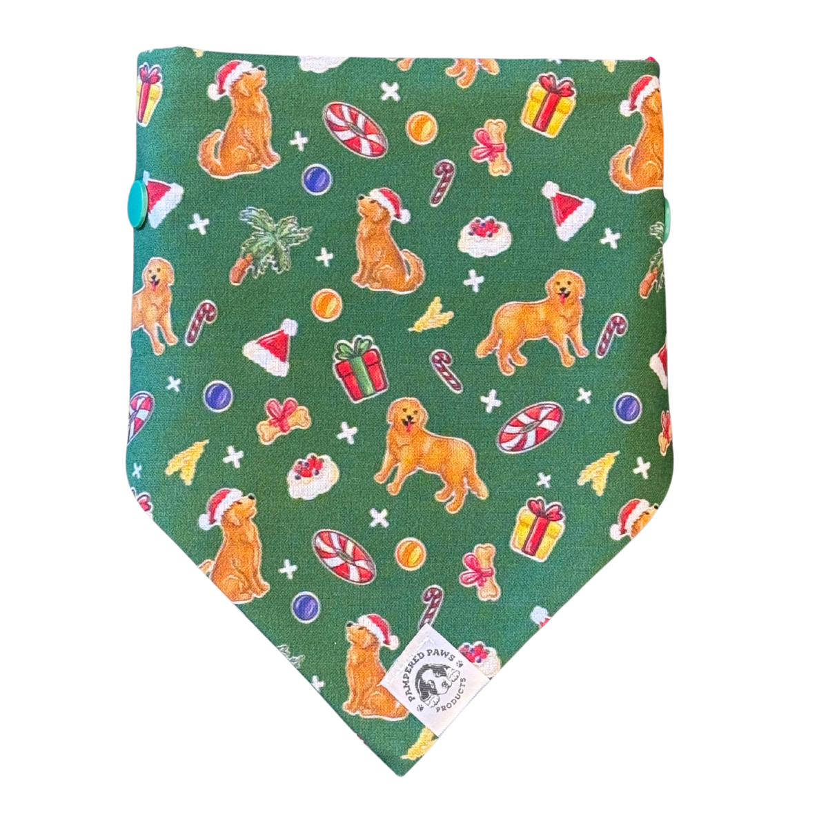 Green Golden Retriever dog bandana with Christmas-themed pattern on a white background