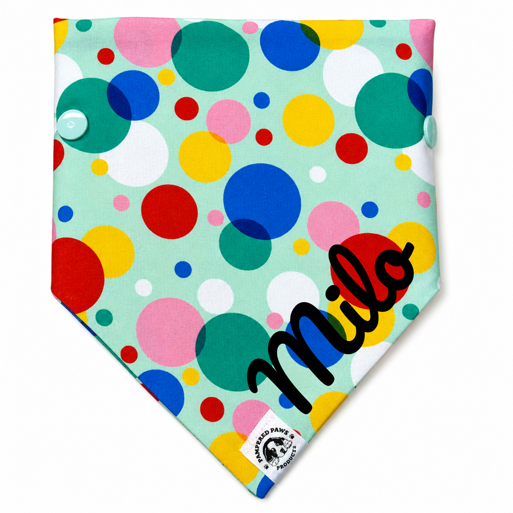 Personalised dog bandana with name Milo, colourful polka dot custom dog bandana with snap buttons