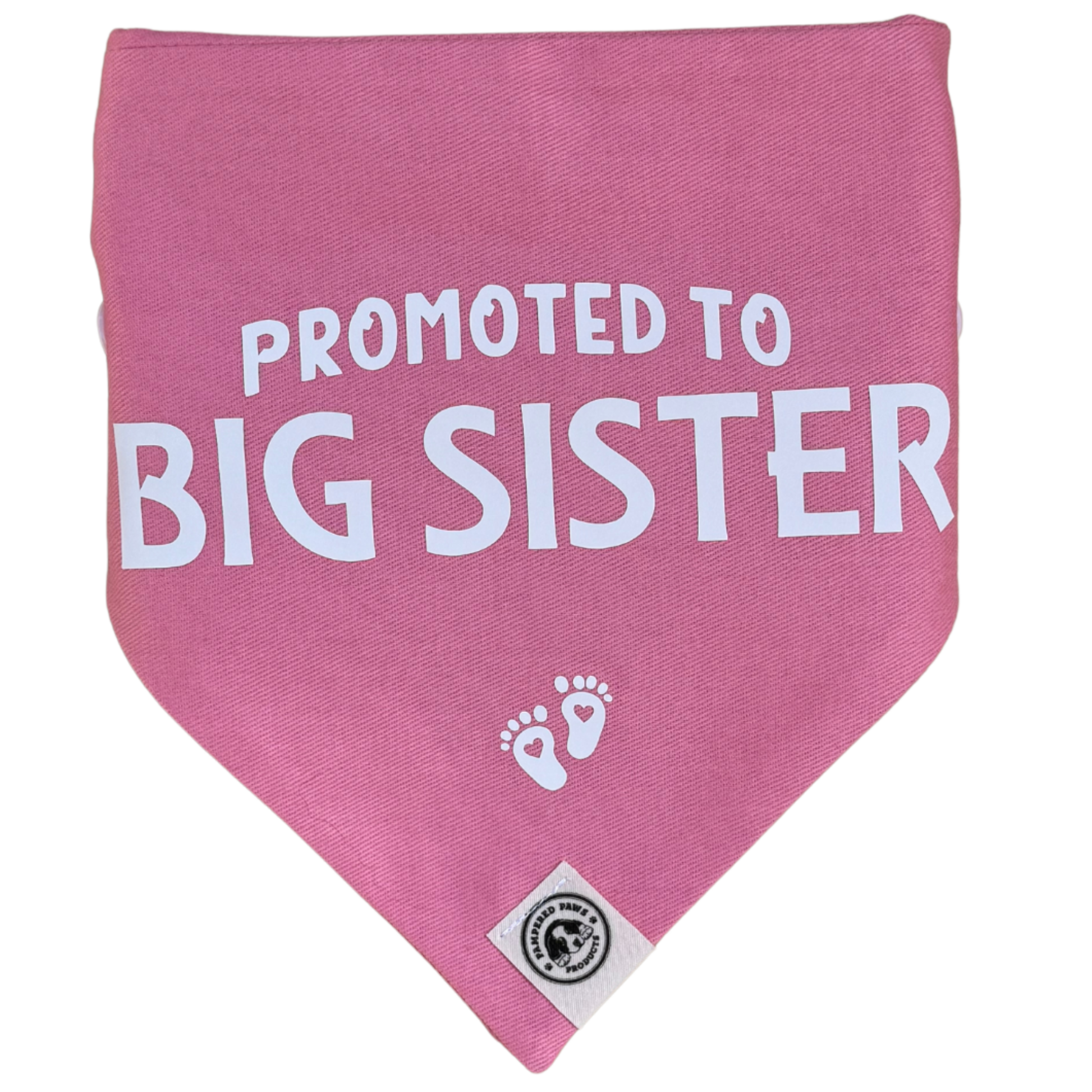 Close-up of pink “Promoted to Big Sister” dog bandana with baby feet print, announcement bandana for dogs