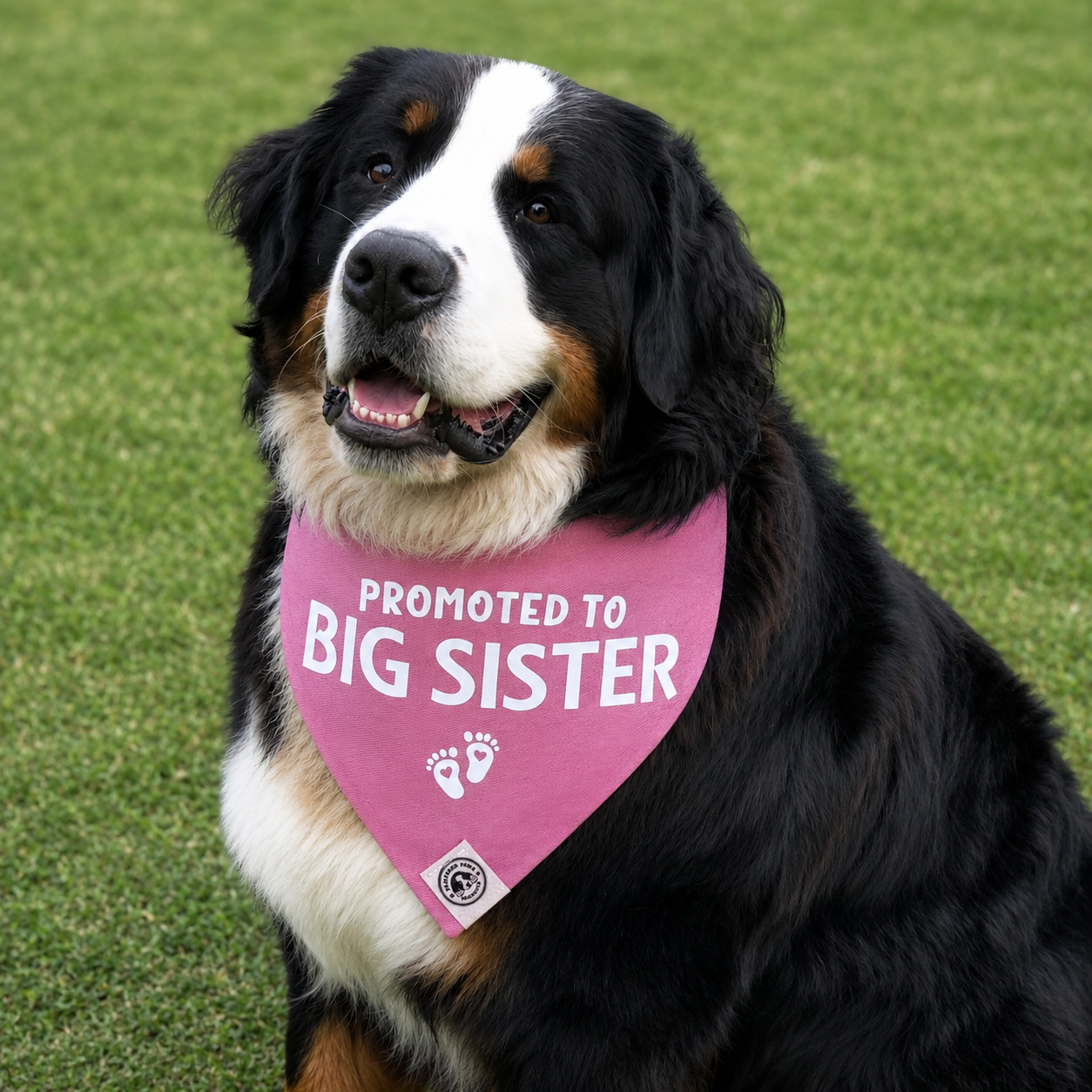 Bernese Mountain Dog wearing a pink “Promoted To Big Sister” bandana sitting on green grass outdoors.
