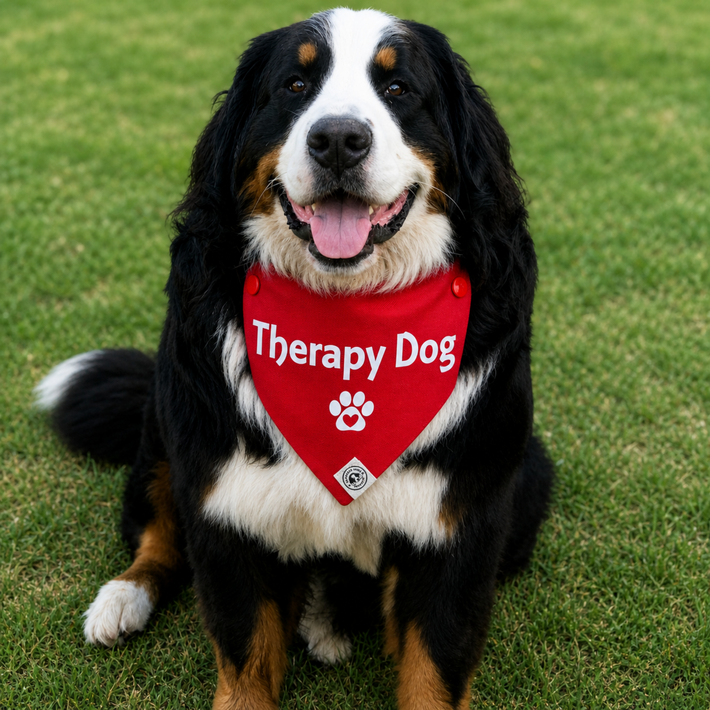Bernese Mountain Dog wearing a red “Therapy Dog” bandana outdoors, service dog identification bandana for therapy dogs