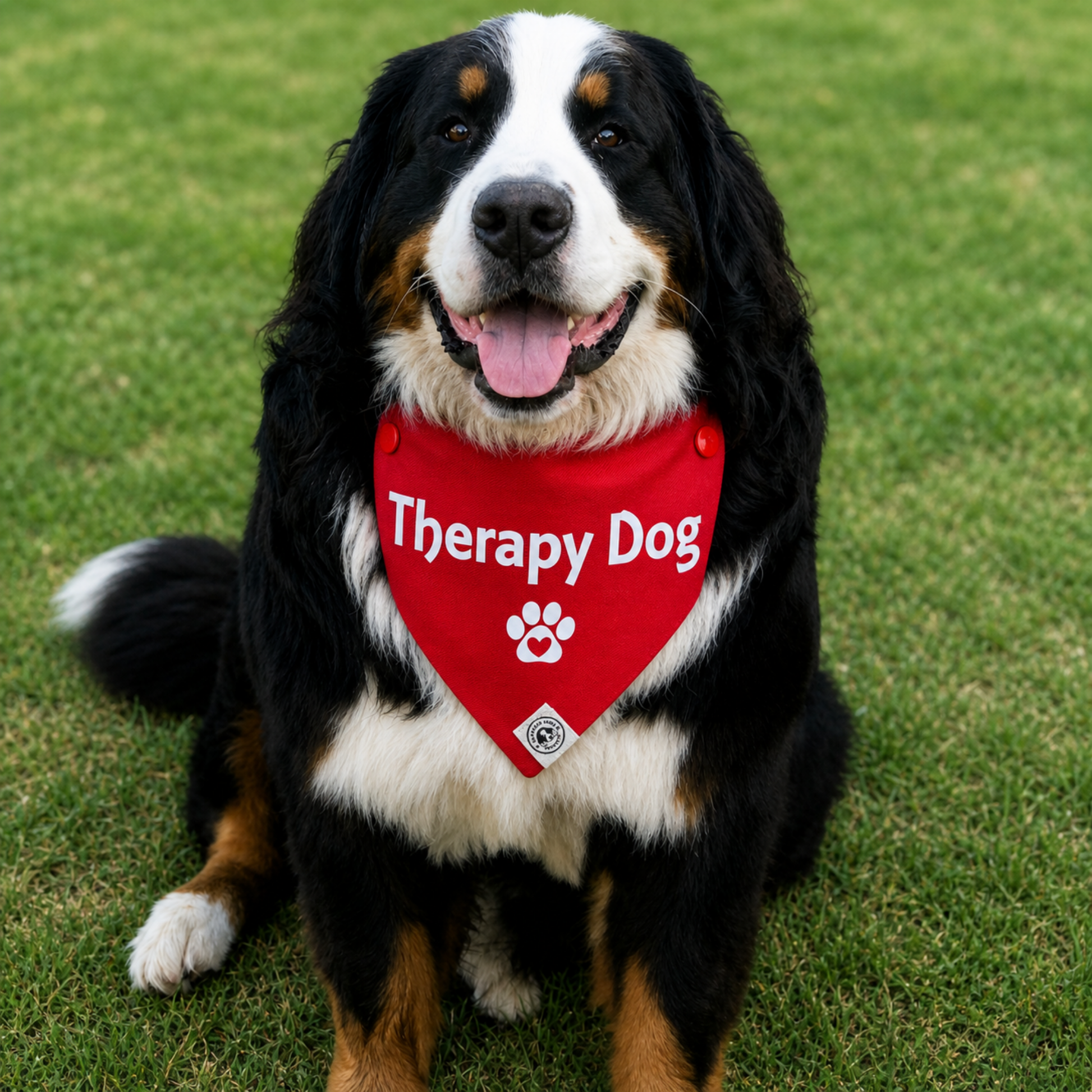 Bernese Mountain Dog wearing a red “Therapy Dog” bandana outdoors, service dog identification bandana for therapy dogs