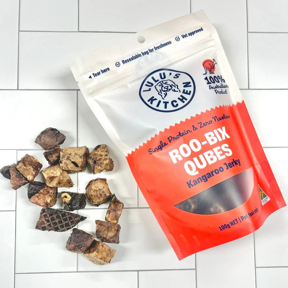 Packaged Roo-Bix Qubes Kangaroo Jerky from Lulu's Kitchen on a tiled surface