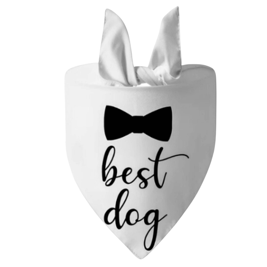 White dog bandana with “best dog” text and bow tie design, cute and stylish dog accessory