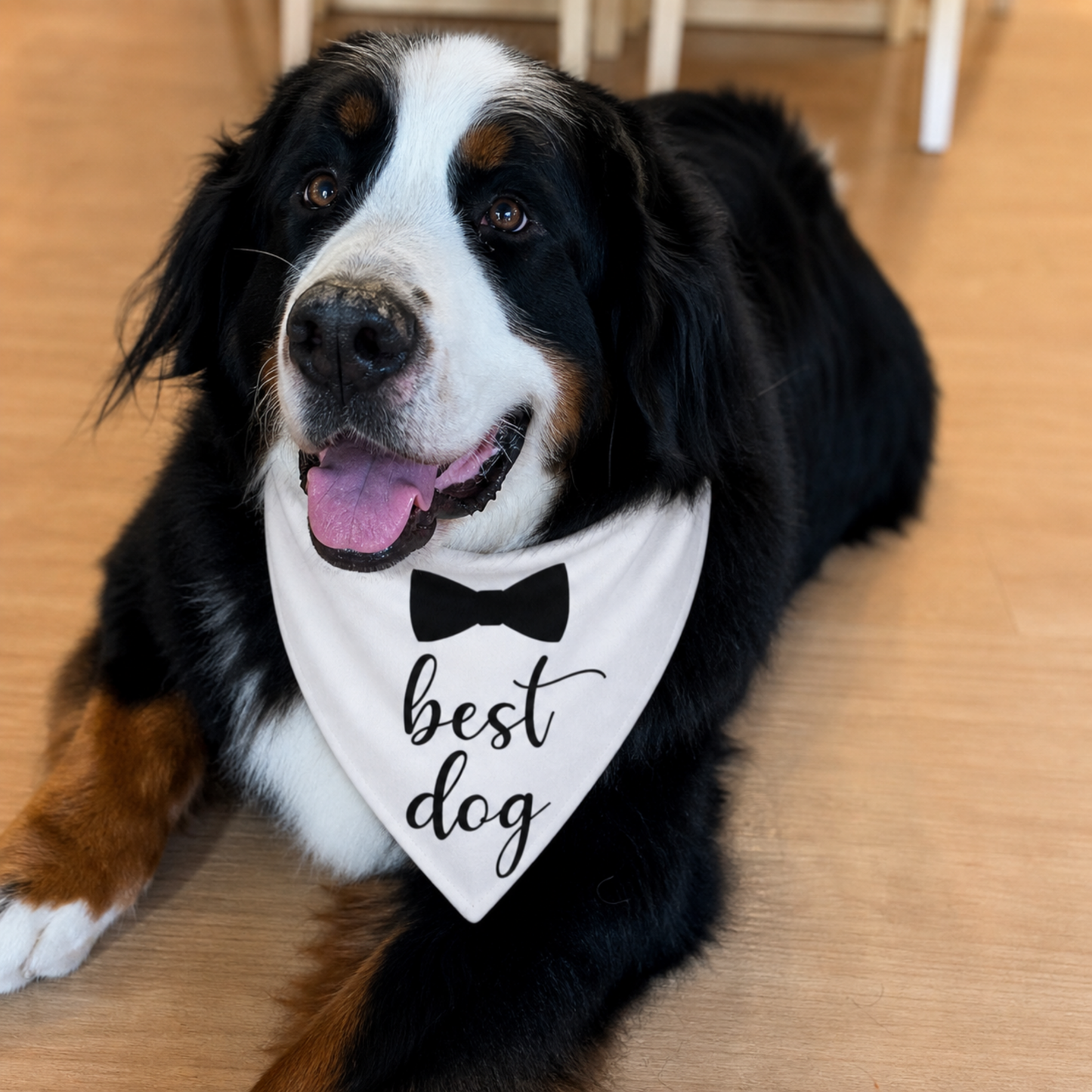 Bernese mountain dog wearing a white “best dog” bow tie dog bandana indoors, stylish dog bandana for pets in Australia