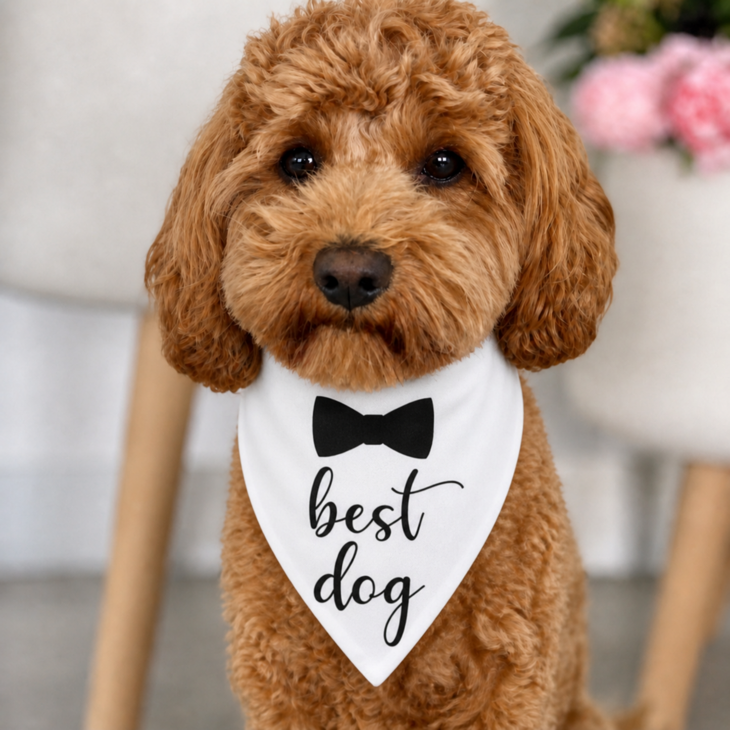 Cavoodle wearing a white “best dog” bow tie dog bandana indoors, cute stylish dog bandana for pets in Australia